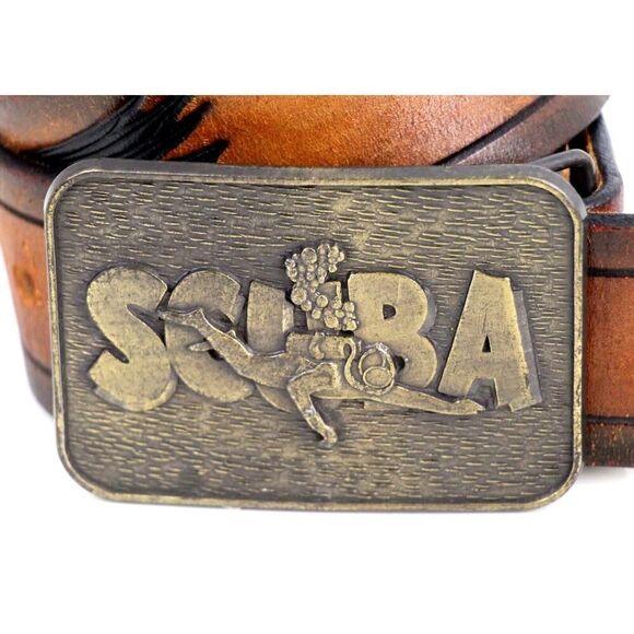 SCUBA TOOLED BROWN GENUINE LEATHER 1 5/8"Wd CASUAL DRESS MEN'S BELT Sz 32 (F99 - Picture 2 of 12